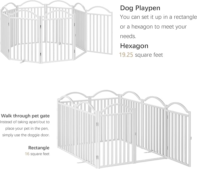 BHG Metal No-Assembly Freestanding Dog Gate with Door Walk Through, Extra Wide 96", Extra Tall 32" Pet Gate, Accordion Puppy Folding Playpen Dog Fence, with 2PCS Support (White, 8 Panels)