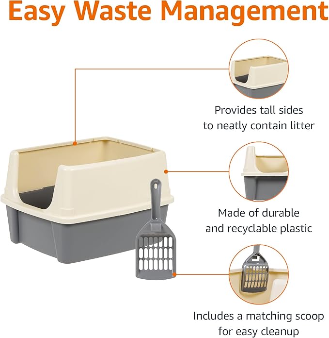 Amazon Basics Large Cat Litter Box with High Sides, Open Top, Includes Scoop, 19 x 15 x 11.75 inches, Grey/Beige