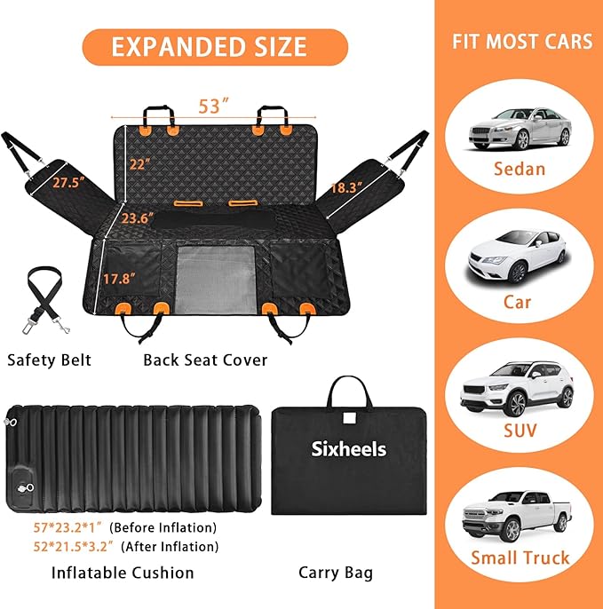 Car Back Seat Pet Cover for Dogs Back Seats Protector, Soft Inflatable Cushion Backseat Extender Comfortable Dog Hammock, Waterproof Dog Bed Rear Travel Accessories for Car,SUV,Truck