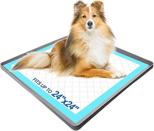 Pee Pad Holder for Dogs, Puppy Pad Tray for 24" x 24" Dog Training Pads, No Spill Silicone Mat with 4 Holder Clamps, Non-Slip Square Puppy Potty Training Tray for Indoor Floor Protection