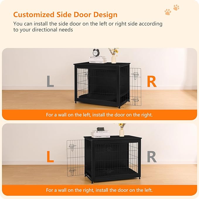 DWANTON Dog Crate Furniture with Cushion, Wooden Kennel Table with Double Doors, Indoor Dog House, Medium Size, 32.5" L, Black