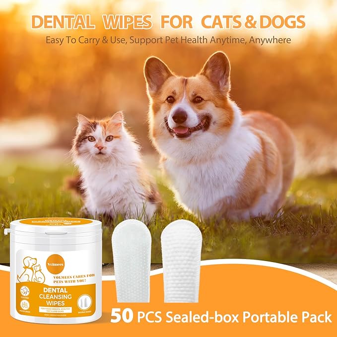 Pet Dental Finger Wipes for Dogs and Cats, Dog Teeth Cleaning Wipes, Dog Dental Care Wipes, Reduce Plaque & Tartar Buildup, Freshen Breath, Cleaner Mouth, Coconut Scent, 50Pcs