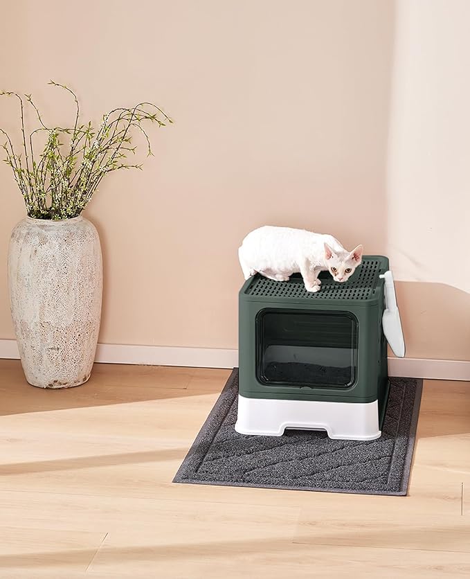 Cat Litter Box with X-Large Litter Mat and Scoop, Large Foldable Litter Box with Lid, Enclosed Kitty Box,Front Top Entry Exit, Odor Control Easy to Clean (Upgrade Olive Green)