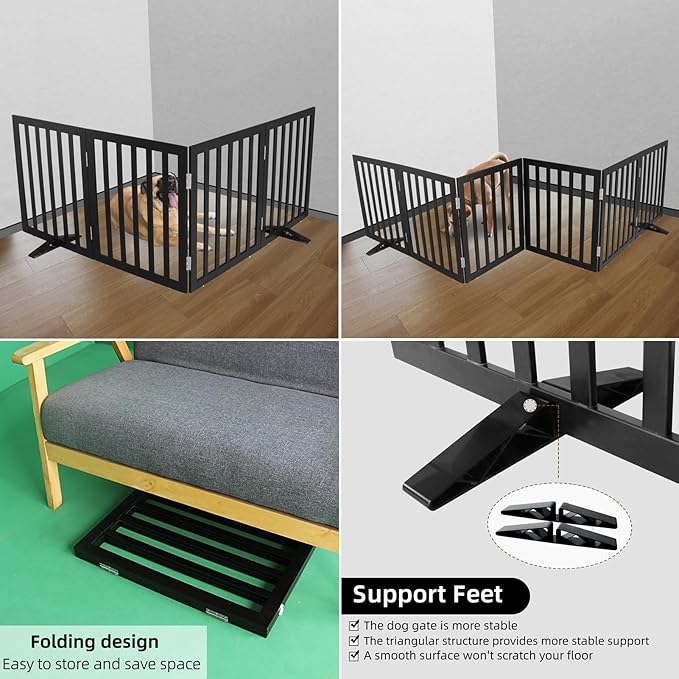 ZJSF Freestanding Indoor Dog Gate for House Foldable Wood Puppy Gate for Doorways Pet Gate for Stairs Extra Wide Pet Fence, Black, 24" Height 3 Panels