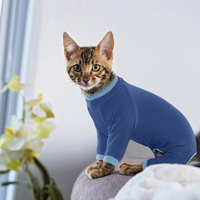 PUMYPOREITY Cat Recovery Suit, Stops Wound Licking After Surgery, Sticky Hair Shirt with Sticky Fabric, Cat Pajamas Prevents Over-Grooming, Blue, S