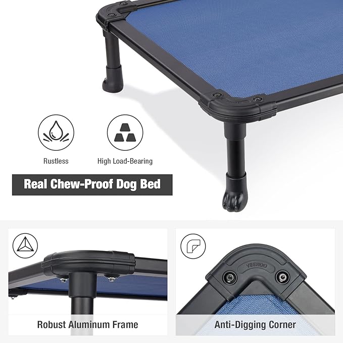 Veehoo Chew Proof Elevated Dog Bed - Cooling Raised Pet Cot - Rustless Aluminum Frame and Durable Textilene Mesh, Unique Designed No-Slip Feet for Indoor or Outdoor Use, Blue, Medium, CWC2002