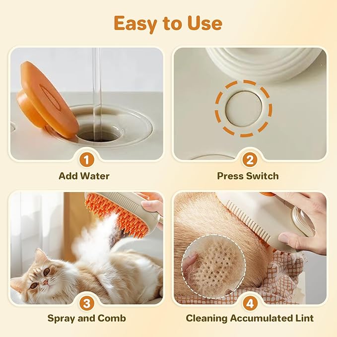 LunaSync Cat Steam Brush for Shedding, 4 in 1 Rechargeable Pet Grooming Brush for Cats and Dogs, Anti-Static Deshedding Tool with Massage & Cleaning, Comb for Long Short Hair - Beige