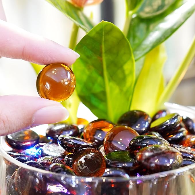 5LB Amber Flat Glass Marbles for Vases, Gemstone Beads Vase Filler Decorative Glass Pebbles for Fish Tank, DIY Crafts, Autumn Centerpieces, Aquarium Decor Rocks