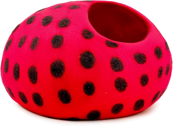 Woolygon Premium Felt Cat Cave Bed - Polka Dot Series - Wool Kitty Beds Handcrafted Kitten Caves Bed for Indoor Cats - Eco-Friendly Merino Wool, Foldable Cat Hideaway Cat Houses (Red/Black Dots)