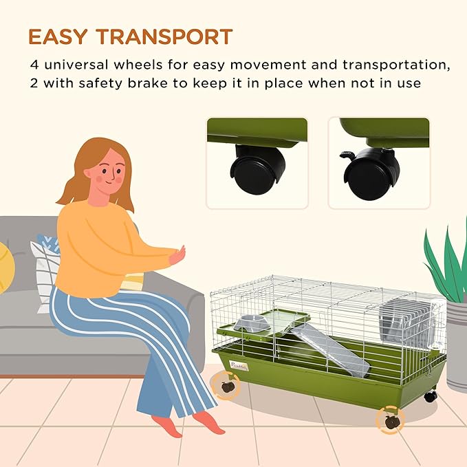 PawHut 35" L Small Animal Cage, Rolling Bunny Cage, Guinea Pig Cage with Food Dish, Water Bottle, Hay Feeder, Platform, Ramp for Chinchilla, Green