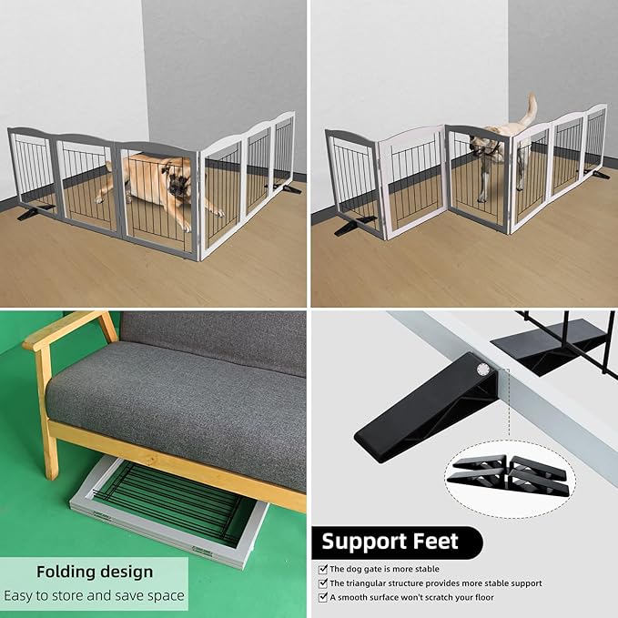 ZJSF Freestanding Dog Fence Indoor, Foldable Dog Gate for Doorways, Stairs or Hallways, Sturdy Wood Extra Wide Pet Gate with Support Feet for The House, Grey, 32 "Height-6 Panels