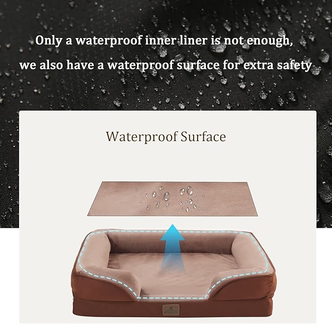 Bedfolks Orthopedic Dog Bed, Waterproof Dog Sofa Bed for Large Dogs, Egg Foam Pet Couch Bed with Removable Washable Cover and Nonslip Bottom, Brown