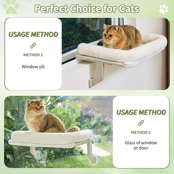 Cat Window Perch, Adjustable Cat Hammock for Large Cats, Mounts on Window Sills, Bedside, or Glass, Easy Installation and Removal, Washable Cushion Cover (20.5" W×15.7" L)