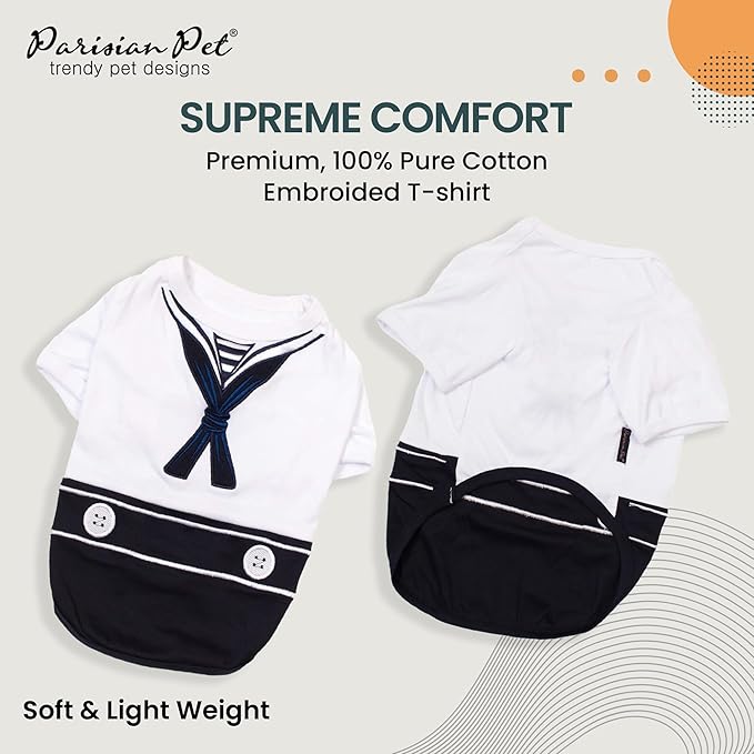Parisian Pet Dog Shirt - Embroidered Sailor Dog Costume - 100% Cotton & Polyester Pet Costume - Sleeved Dog Clothes - Blue and White Dog Costumes for Small Dogs - Dog Shirts - S