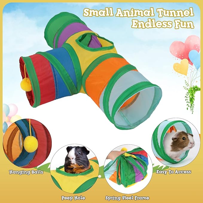 Rypet Guinea Pig Tunnel 3 Way Collapsible Small Pet Tunnels and Tubes with Interactive Ball for Baby Rabbit Ferret Hamster Chinchilla Hedgehog Hiding and Resting
