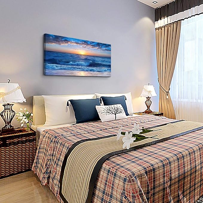 canvas wall art for living room Blue Ocean Sea sun landscape painting bathroom Wall Decor Ready to Hang for Home Decorations office family bedroom kitchen Works canvas Prints pictures 20" x 40"inch