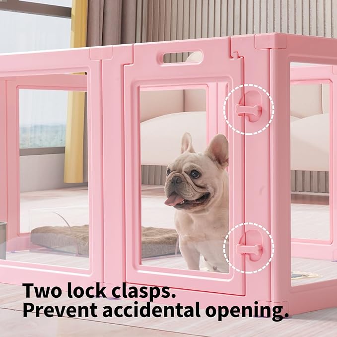 DIY Clear Acrylic Dog Playpen House,Quick Easy Assembly and Disassembly,Strong Floor Suction,Indoor and Outdoor Use,Easy Cleansing Puppy Fence (Sakura Pink, 23.6" H, 12PCS)