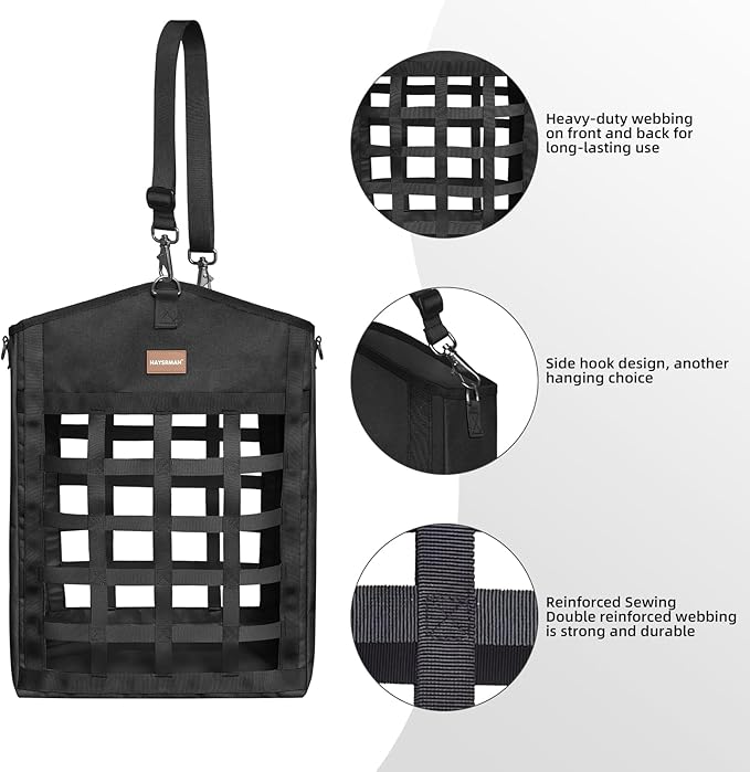 Innovative Hay Bags for Horses, Goat Hay Feeder with Reinforced Oxford Fabric and High Strength Metal Clasp,Horse Feeding Supplies with Adjustable Strap for Easy Hanging (2 Black+1 Purple)