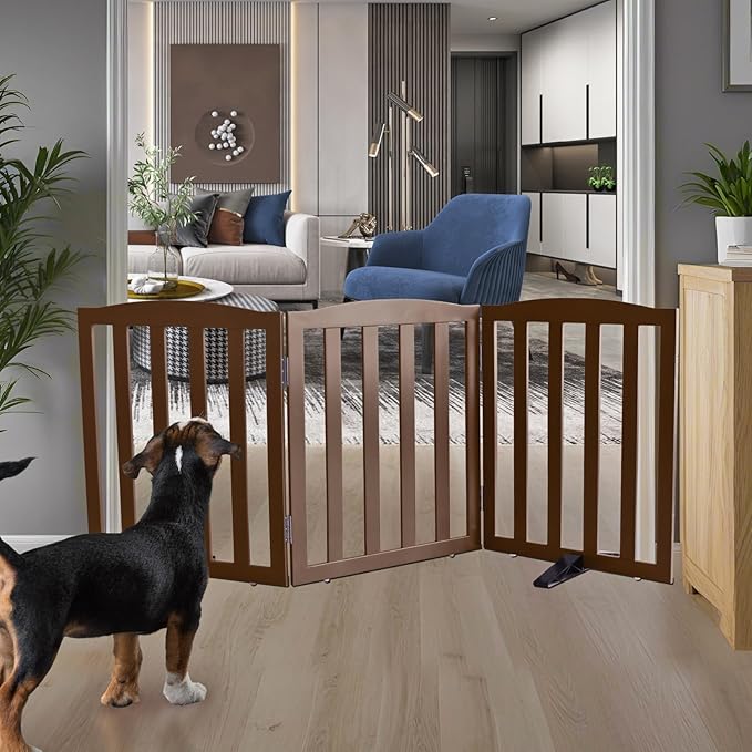ZJSF Foldable Freestanding Indoor Dog Gate for House Wood Long Pet Gates Dog Fence for Stairs Puppy Gates for Hallways, Puppy Gate,Support Feet Included, Brown, 24 "Height-3 Panels