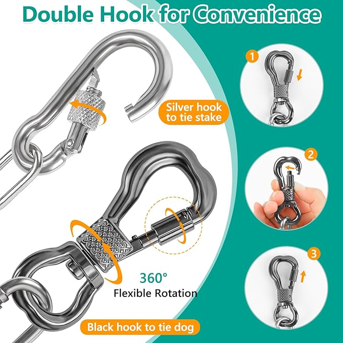 Tresbro Heavy Duty Dog Chains for Outside, 20FT Stainless Steel Tie Out Cable with Swivel Hook for Small Medium Dogs, Metal Chew Proof Pet Runner Chain Leash Lead for Outdoor Camping Hiking Yard, 3MM