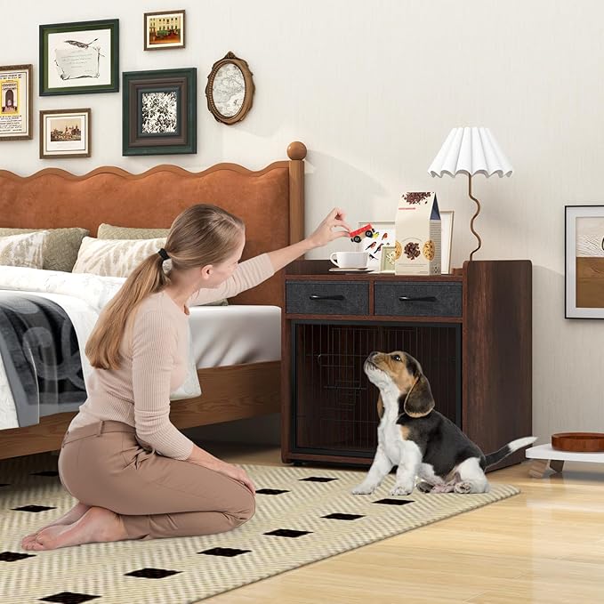 PETISITE Wooden Dog Crate with Lockable Door, Adjustable Foot Pads, 2 Fabric Drawers, Indoor Kennel Side Table for Small & Medium Dogs, 24.5 x 19.5 x 25 in