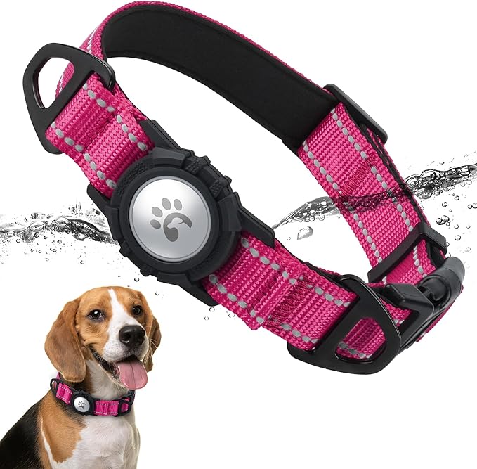 TagME Airtag Dog Collar,Waterproof Reflective Pet Collar with Airtag Holder,Soft Padded and Double D-Rings for Medium Dogs,Hot Pink