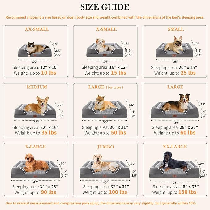 Comfort Expression Waterproof Orthopedic Foam Dog Beds for Extra Large Dogs Durable Dog Sofa The Pet Bed Washable Removable Cover with Zipper and Non-Slip Bottom Bolster