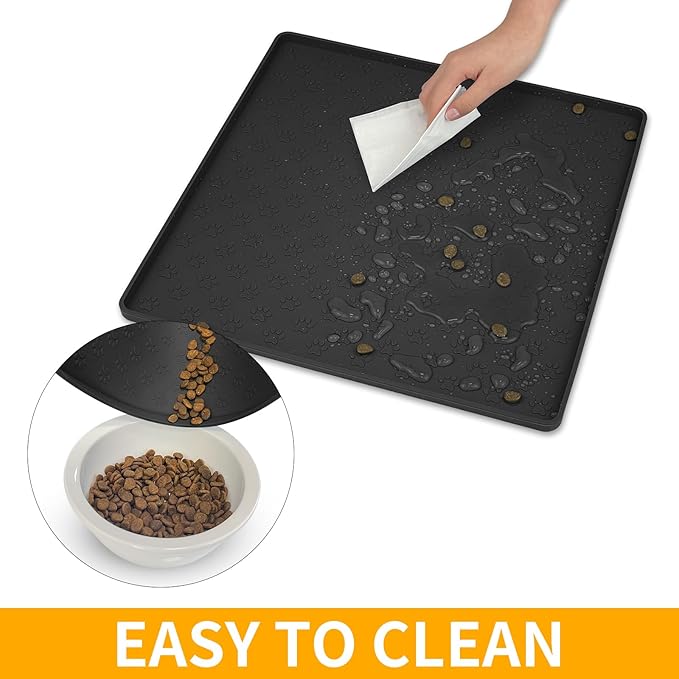 Ptlom Pet Placemat for Dog and Cat, Waterproof Non-Slip Silicone Feeding Bowl Mat Prevent Food and Water Overflow, Puppy Dish Feeder Fountain Trays Suitable for Medium and Small Pets, Black
