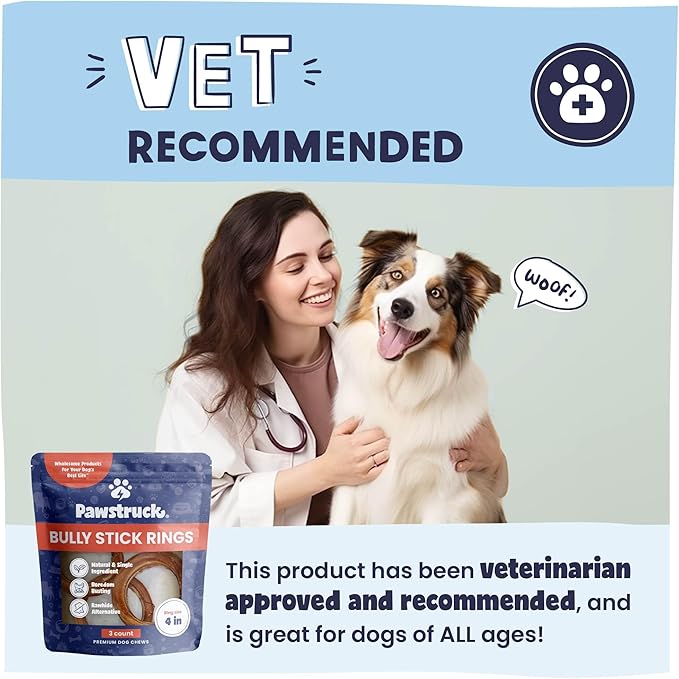 Pawstruck All-Natural 4" Bully Stick Rings for Dogs - Rawhide-Free, 100% Beef, Single Ingredient Dental Chew Bones - Fully Digestible, Low Odor - 3 Pack - Packaging May Vary