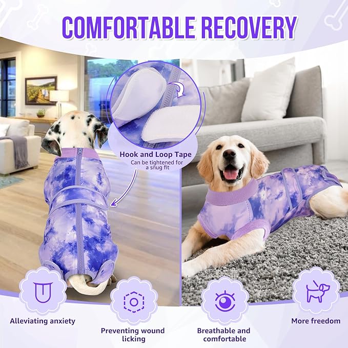 Lukovee Recovery Suit for Dogs, Zipper On Recovery Suit for Female Male Dog, Onesie Abdominal Wounds Cone E-Collar Alternative Prevent Licking Spay Recovery Suit (XX-Large, Purple Tie-dye)