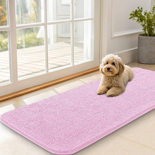 OLANLY Dog Door Mat for Muddy Paws 47x20, Absorbs Moisture and Dirt, Absorbent Non-Slip Washable Doormat, Quick Dry Chenille Mud Mat for Dogs, Entry Indoor Entryway Carpet for Inside Floor, Pink