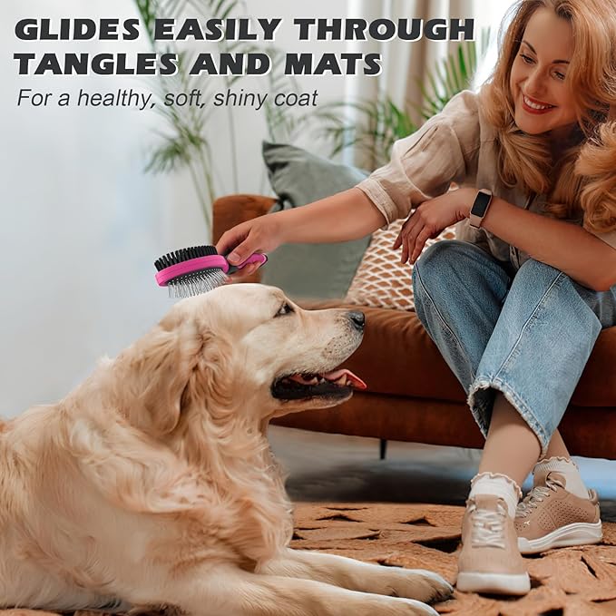 2PCS Pet Grooming Tools - Double-Sided Brush for Shedding and Bathing, Suitable for Short/Long Haired Dogs Cats and Horses, Deshedding Dog Brush, Mane & Tail Combs for Horses - Pet Supplies (Pink)