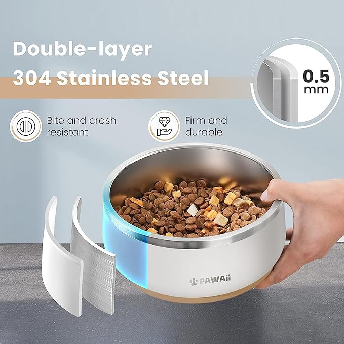 Pawaii Stainless Steel Dog Bowl with Non-Slip Rubber Base & Double Wall Insulation - Durable Design | Includes ID Tag | Dishwasher Safe Food & Water Bowl for All Dogs (68oz)