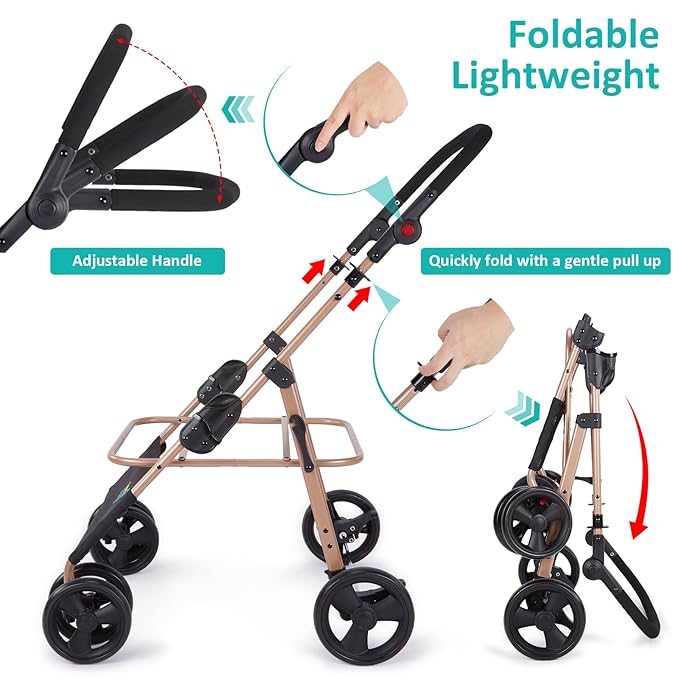 Ownpets Pet Stroller with Upgraded 4 Wheels, Foldable Dog Stroller for Medium Dogs and Cats Up to 66lbs, Detachable Carrier for Car Seat, with Storage Organizer, Cup Holder