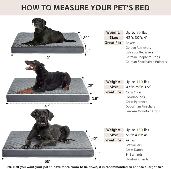 WNPETHOME Orthopedic Big Dog Beds Large Sized Dog, Waterproof Extra Large Dogs Bed with Removable Washable Cover, Multi-Needle Quilting Dogs Crate Bed