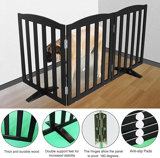 ZJSF Foldable Freestanding Indoor Dog Gate for House Wood Long Pet Gates Dog Fence for Stairs Puppy Gates for Hallways, Puppy Gate,Support Feet Included, Black, 24 "Height-3 Panels