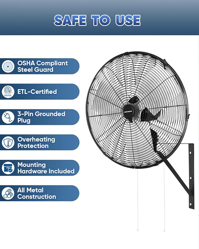 KEN BROWN 20 Inch Industrial Oscillating Wall Mount Fan 5500CFM,Heavy Duty,High Velocity,3- Speed,Black