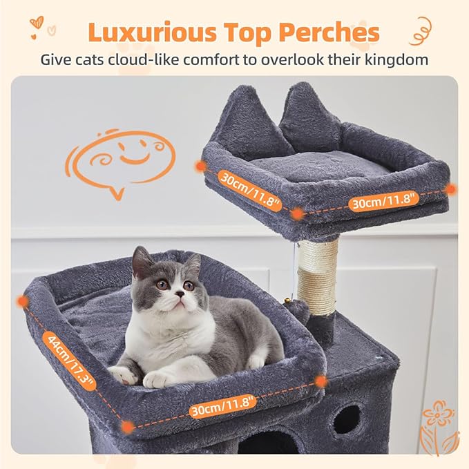 Taoqimiao Cat Tree 71-Inch, Cat Tower for Indoor Cats Large Adult, Multi-Level Large Cat Condo, 8 Sisal Scratching Posts, Metal Frame Cozy Hammock, Scratch Board, 2 Top Perches, Smoky Gray MS026LG