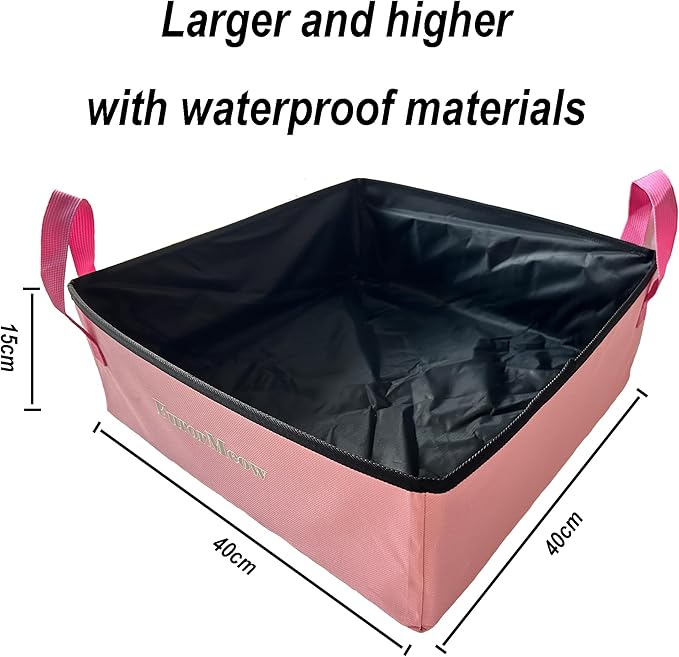 Pink Portable Cat Litter Box, Firm Waterproof Foldable for Travelling for Cats, Including Crinkle Ball, Poop Bags, Foldable Bowl and Scoop, 15.8x15.8x5.9 inches