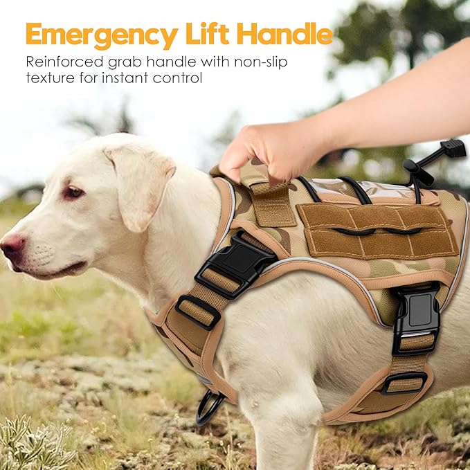 Heavy-Duty Tactical Dog Harness for Large Dogs, No Pull Adjustable Reflective Pet Vest with Molle System, K9 Military-Grade Control for Service Training, Outdoor & 10+ Breeds, Desert Camo, Medium