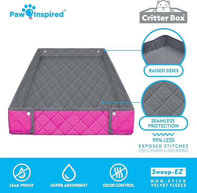 Paw Inspired Critter Box Washable Cage Liner, Reversible Fleece Bedding with Raised Sides for Guinea Pigs and Other Small Animals (2x4 (12" Grids), Gray/Pink)