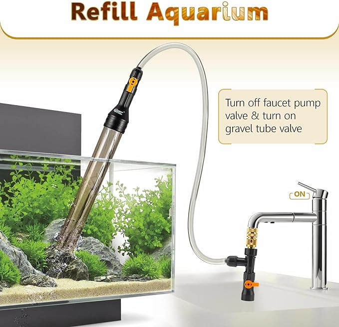 hygger Bucket-Free Aquarium Water Change Kit Metal Faucet Connector Fish Tank Vacuum Siphon Gravel Cleaner with Long Hose 33FT Drain & Fill