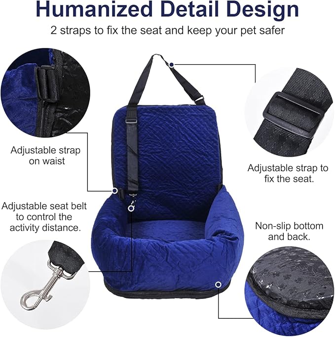 Dog Car Seat for Small Medium Dogs Up to 40lbs, Detachable Washable Soft Pet Booster Travel Bed for Front & Blue Seat with Safety Leash Belt