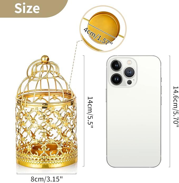 6 Pcs Small Metal Tealight Hanging Birdcage Lantern, Vintage Decorative Centerpieces of Wedding, Party, Gold