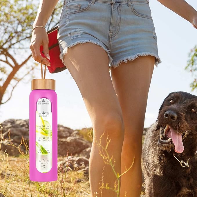 Aqulea Glass Water Bottles 32 Oz with Silicone Sleeve - BPA Free Reusable Wide Mouth Glass Motivational Water Bottles with Fruit Infuser – Leak Proof Borosilicate Water Bottle with Time Marker (Rose)