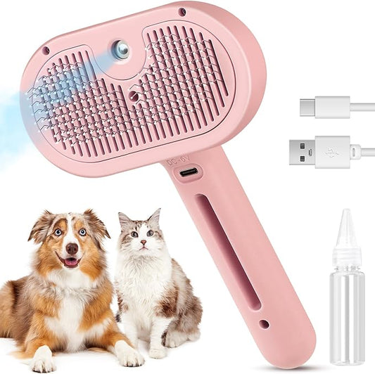 Steam Brush for Shedding Pets - Self-Cleaning Grooming Comb with Water Tank for Long & Short Haired Cats and Dogs (Pink)