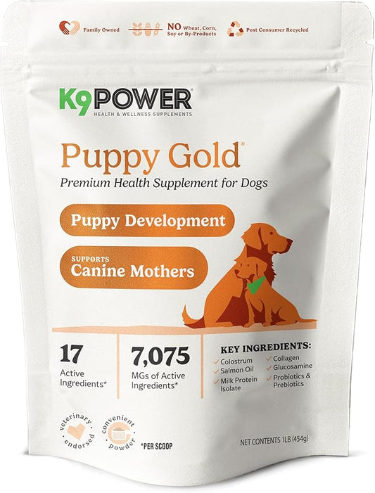 K9 Power Puppy Gold 1 lb - Supplement for Growing Puppies & Nursing Mothers - Essential Nutrients for Healthy Growth & Development - 45 Scoops