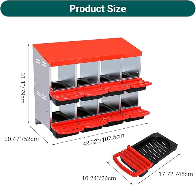 Nesting Boxes for Chickens, Chickens Laying Boxes for Chicken Coop, 8 Compartments Chicken Nesting Boxes, with Removable Tray, Easy Cleaning, for Hens Outdoor Chicken Coop Farm Yard, Red