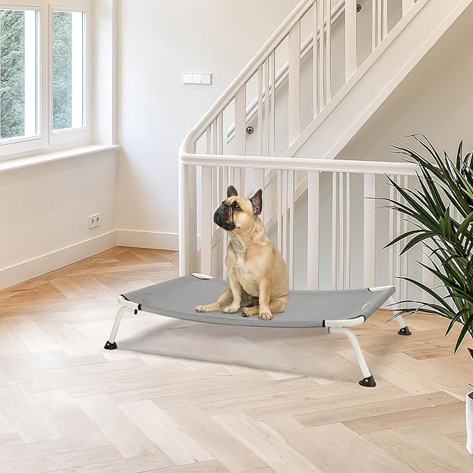 Veehoo Elevated Dog Bed for Outdoor, Cooling Waterproof Raised Dog Cots Beds for Medium Dogs, Curved Off Ground Pet Hammock Cot Lifted for Outside, up to 65lbs, White Legs, Grey 32"
