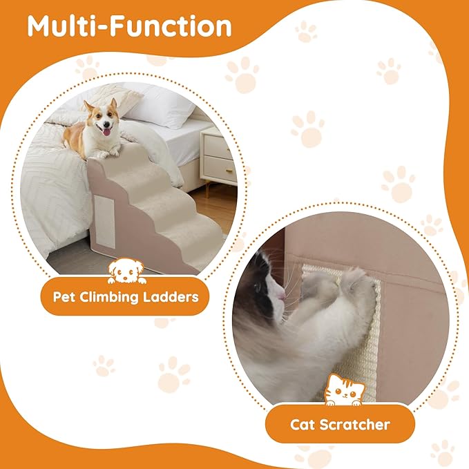 Dogs Steps for Bed, Dog Stairs for Small Dogs, 4-Step Dog Ramp for Bed, Couch, Sofa, and Chairs, Non-Slip Bottom Design, Cat Scratching, High Density Foam Portable Pet Step, Indoor, Beige